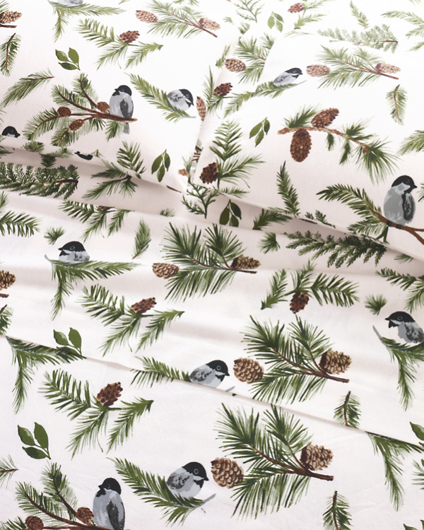 Chickadee and Pine Organic-Cotton Flannel Sheet Set