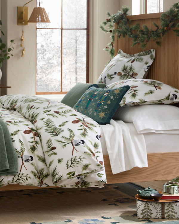 Chickadee and Pine Organic-Cotton Flannel Sheet Set