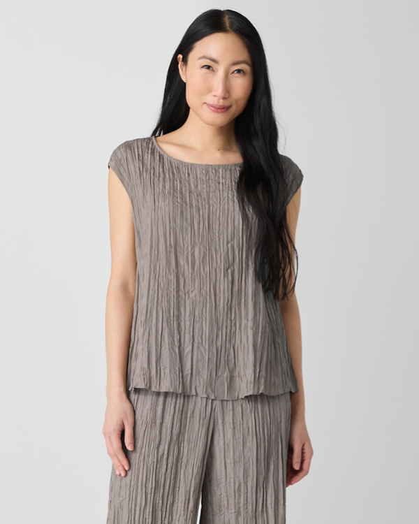 EILEEN FISHER Crushed-Silk Ballet-Neck Top