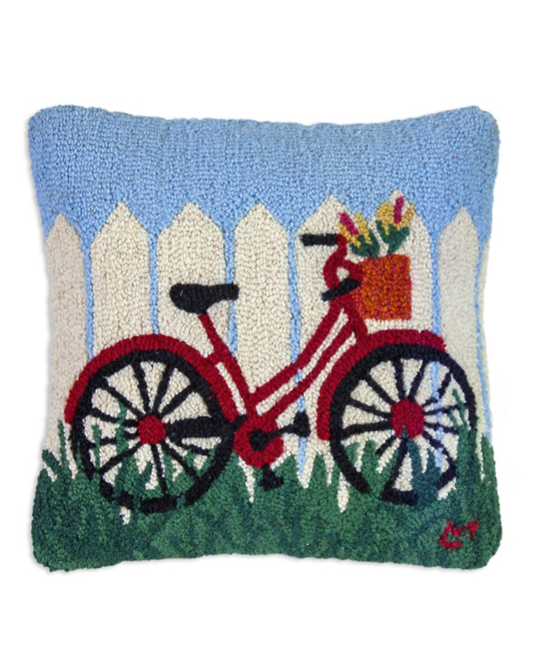 Red Bike Hooked Wool Pillow