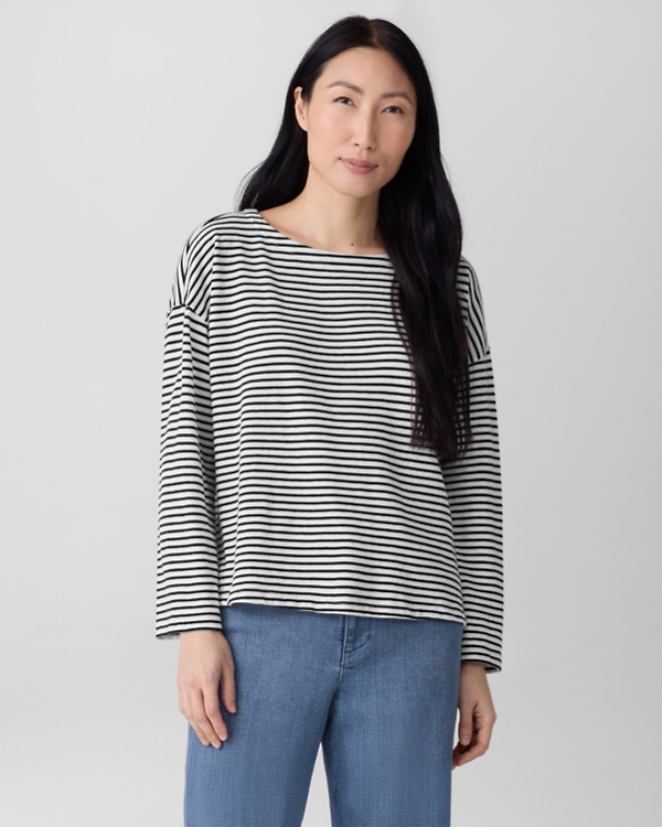 EILEEN FISHER Organic-Cotton Striped Bateau-Neck Top