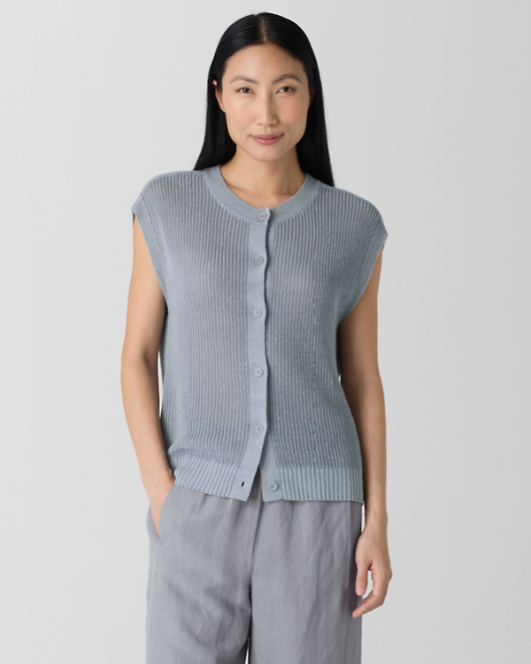 EILEEN FISHER Organic-Linen & Organic-Cotton Cord Short-Sleeve Button-Up Sweater