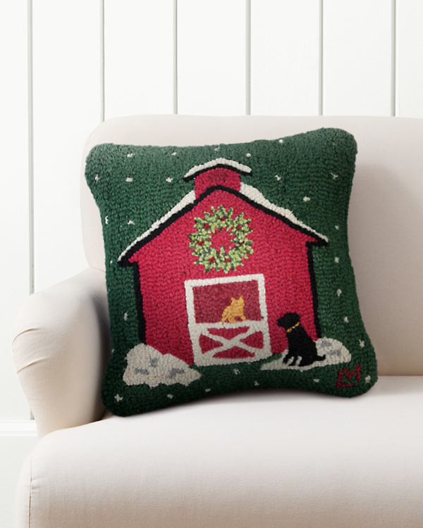 Christmas Barn Hooked Wool Pillow