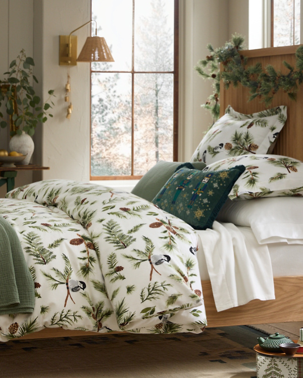 Chickadee and Pine Organic-Cotton Flannel Duvet Cover