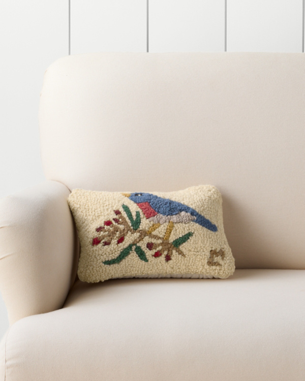 Bluebird with Berries Hooked Wool Pillow