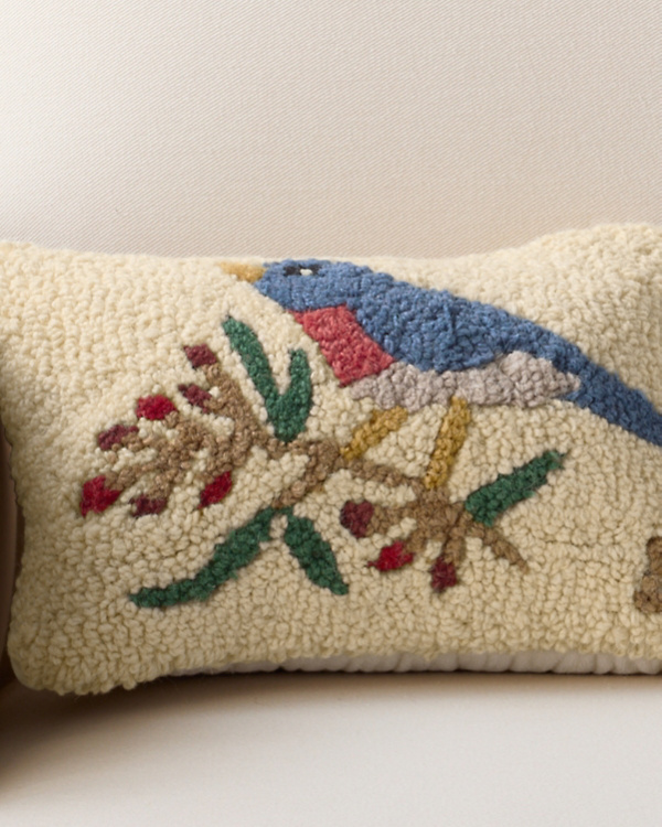 Bluebird with Berries Hooked Wool Pillow
